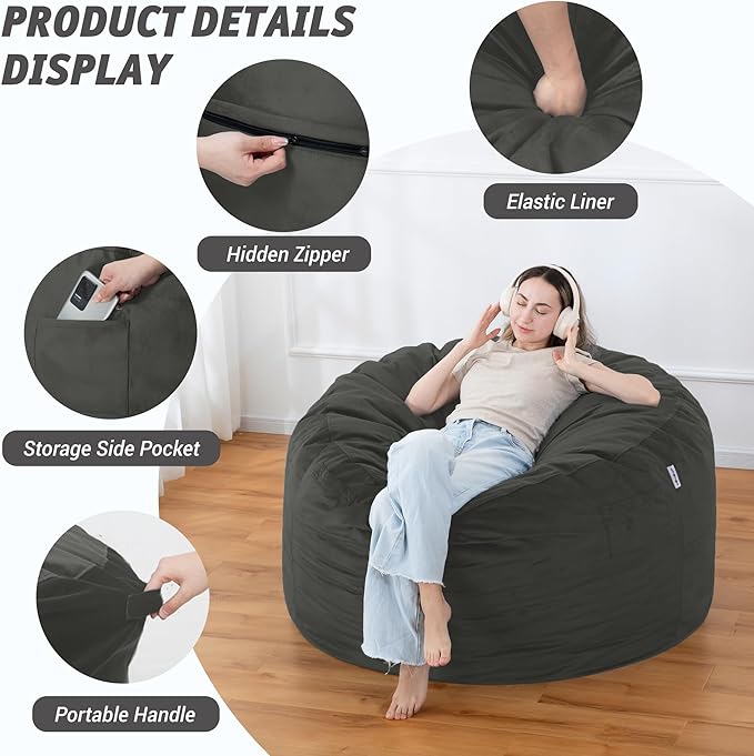 4FT Bean Bag Chair with Ultra Soft Velvet Cover Bean Bag Sofa with Memory Foam Bean Bag Chairs with Large Size Lazy Sofa for Dorm Office Living Room Bedroom Grey 4'