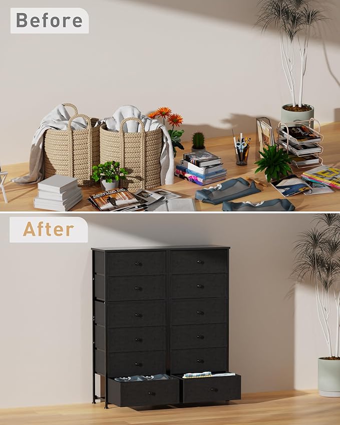 Tall Fabric Dresser for Bedroom, Vertical Storage Organizer Tower with 6 Drawers, Chest of Drawers with Bins, Steel Frame, Wood Top for Bedroom, Closet, Entryway Black