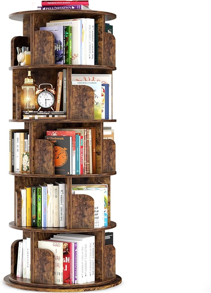 Rotating Bookshelf Tower, 5 Tier Spinning Bookcase, Revolving 360 Book Shelf Narrow Tall Bookcase, Vertical Turning Round Bookshelf Organizer, Corner Book Shelf for Small Space, Rustic Brown