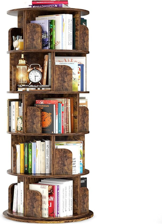 Rotating Bookshelf Tower, 5 Tier Spinning Bookcase, Revolving 360 Book Shelf Narrow Tall Bookcase, Vertical Turning Round Bookshelf Organizer, Corner Book Shelf for Small Space, Rustic Brown