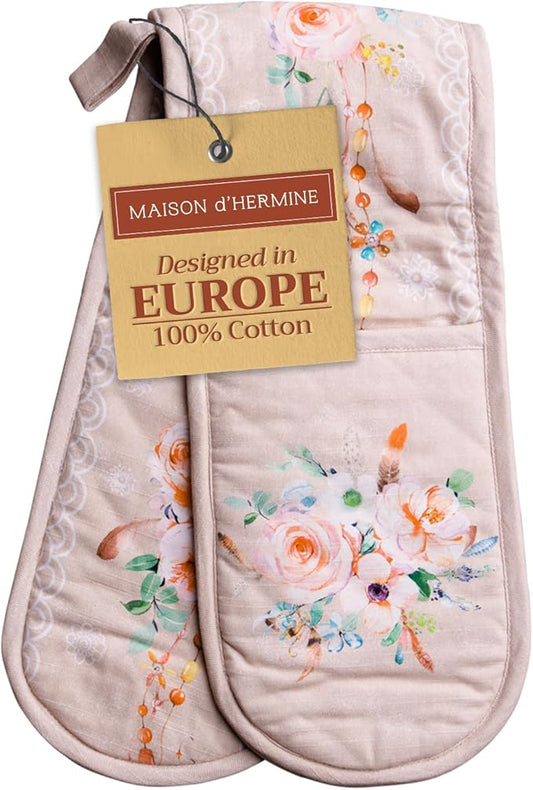 Maison d' Hermine Double Oven Mitts 100% Cotton 7"x35" Double Oven Mitt Heat Resistant BBQ Cooking Gloves with Loop, Baking, Grilling, Home, Kitchen, Handling Hot Pans Spring Summer (Ibiza - Beige)