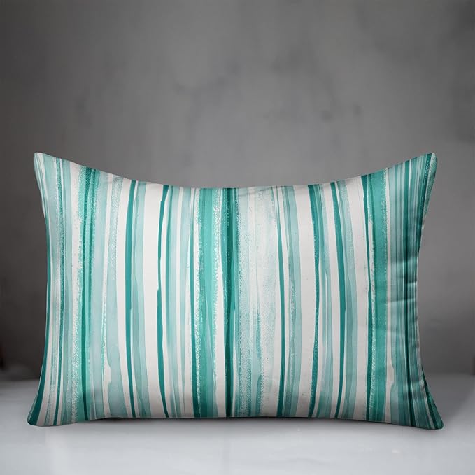 Abstract Teal Stripes Indoor/Outdoor Pillow | Decorative Pillows for Living Room Couch Bed Sofa Patio, Fluffy Soft Cushion | Water Resistant Teal, 14x20