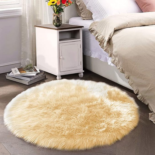 Latepis Yellow Fluffy Circle Rugs for Living Room Round Rug 6.7ft Plush Shag Washable Soft Rug Faux Fur Sheepskin Rugs for Bedroom Home Decor