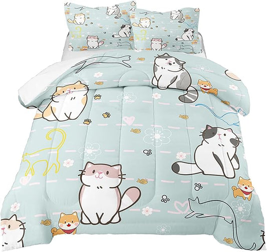 Cat Comforter for Girls Kids Teen, Cartoon Cat Bedding Set Full Size, Cute Animal Pattern Blue Comforter Set Soft Breathable Microfiber Quilt for All Season 3Pcs with Pillowcases