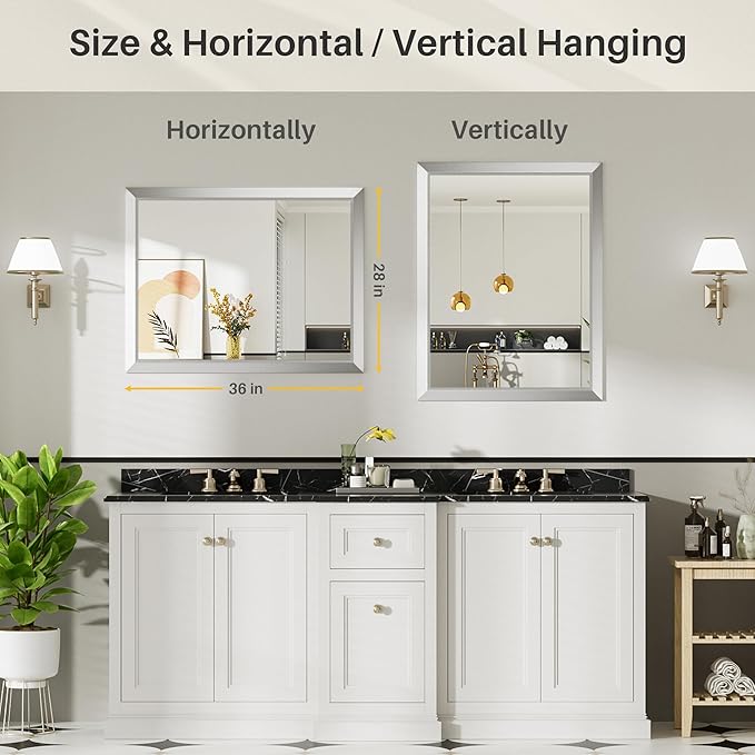 28x36 Inch Silver Bathroom Mirror for Wall, Thick Metal Framed Rectangle Mirrors for Over Sink, Bedroom, Living Room, Entryway, Anti-Rust, HD Tempered Glass