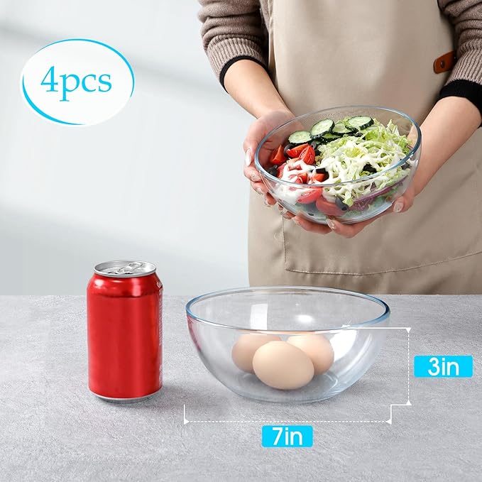 NUTRIUPS 7 Inch Medium Glass Prep Bowls, Tempered Glass Bowl Set of 4 Microwave and Oven Safe (7 inch, Set of 4)
