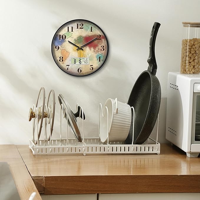 Modern Round Retro Digital and Analog Wall Clock Silent Calendar Colorful World Map Vintage Clocks with Date and Temperature Week Quiet Non-Ticking Kid Room Office Kitchen Decor for Bedroom 12 Inch