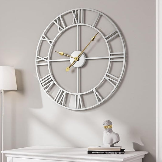 Large Wall Clock 20 Inch Silver Decorative Clock, Modern Metal Round Wall Clock Roman Numerals Battery-Operated Wall Clocks for Living Room Bedroom, Kitchen, Office