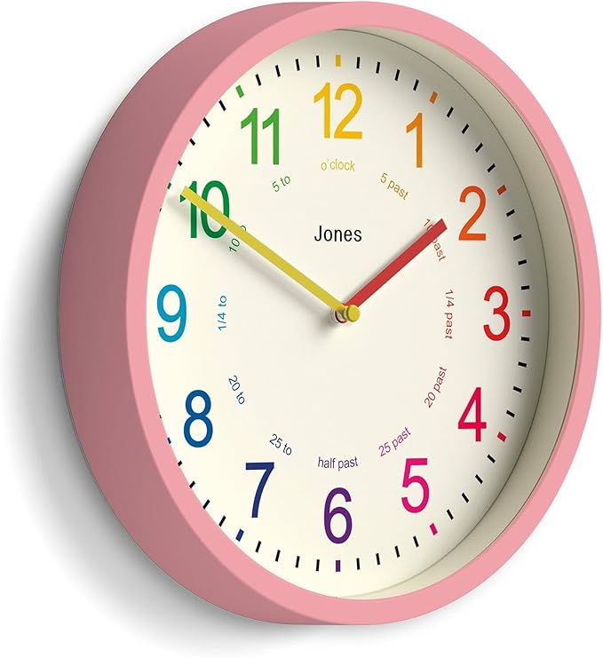 JONES CLOCKS® Kids Wall Clock | Small Modern Children’s Clock | 10 inch | Pink | Colourful Numbers | Learn to Tell The time