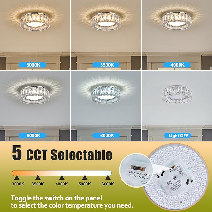 11 Inch Chrome Modern Luxury Crystal Flush Mount Ceiling Light Fixture,5CCT 3000K-6000K 24W,Round Small Dimmable Led Chandelier Hallway Lighting for Entryway,Kitchen,Bedroom,Laundry Room