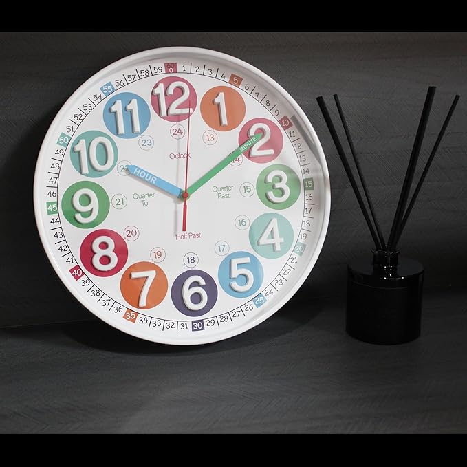 Learning Time Clock for Kids,12 Inch 3D Numbers Colorful Face Silent Clocks，Bedroom,Kitchen,Classroom,Décor at School, Clear Digital Wall Clock for Kids Room (3D White Classic)