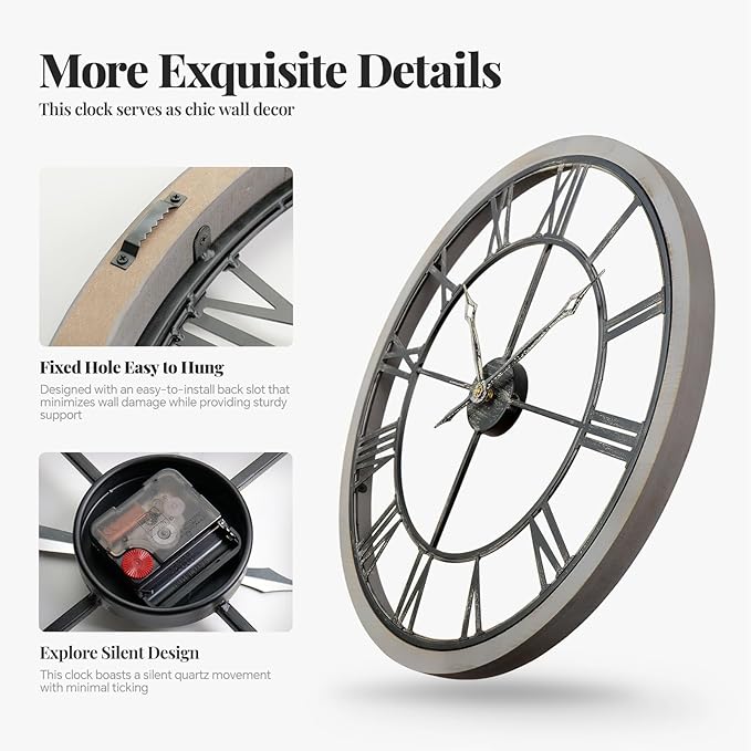 Large Wall Clock 24 Inch, Big Round Clock Decorative Battery Operated with Solid Wood Frame Non-Ticking Silent, Farmhouse Wooden Wall Clocks for Living Room, Kitchen, Office