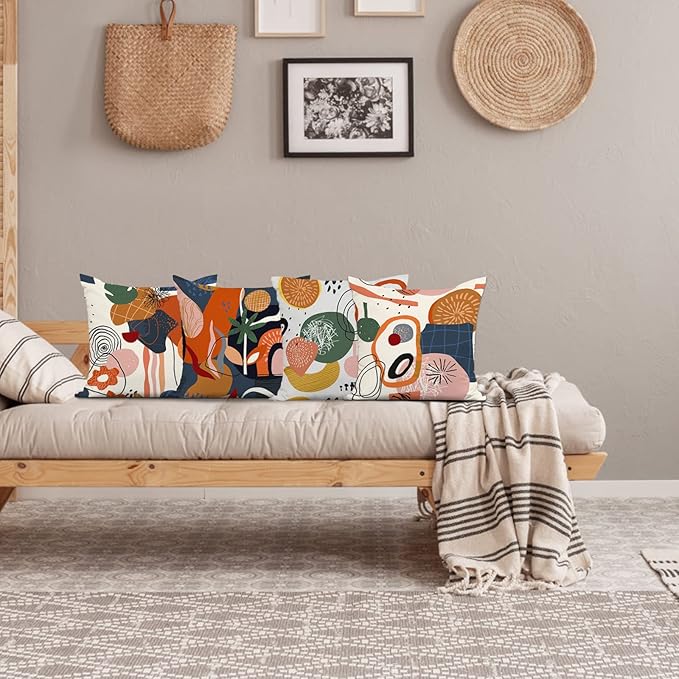 Jartinle Abstract Art Colorful Mid Century Modern Throw Pillow Covers 20x20 Fall Boho Floral Geometric Minimalist Pillow Covers for Couch Outdoor Decor Set of 4