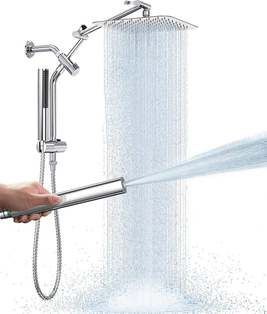 Veken 10" Luxurious All Metal Rain Shower Head with Handheld, High Pressure Rainfall Shower Heads wih Extension Arm, Wide Dual Showerhead with Spray Combo, Bathroom Accessories, Chrome, Silver