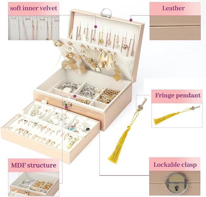BOOVO Earring Jewelry Box For Women Girl Stud Organizer, 4 Layers Girl Jewelry Organizer Box With Lock Earring Holder Organizer Necklace Ring Jewelry Organizer Box For Girls (Champagne, 4 layer)