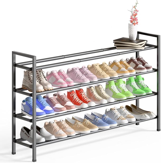 Bumusty 4-Tier Long Expandable Shoe Rack for Closet, 18"-44" Adjustable Shoe Rack for Small Space, Small Shoe Organizer for Front Door, Sturdy Metal, Grey