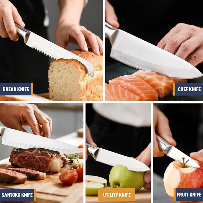 Knife Set - 6pcs Kitchen knife set with block and sharpener, Premium Stainless Steel Knife Set Prevent Rusting with Uniquely Designed Wood knife Block, Ultra Sharp Knives with Ergonomic Handle