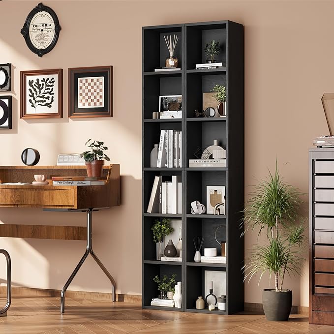 oneinmil 71.5" Tall Narrow Bookshelf, 6-Tier Cube Display Rack, Modern Corner Bookshelf with Storage Space, CD Storage Cabinet for Home Office (Black 1 Pack, 6-Tier)