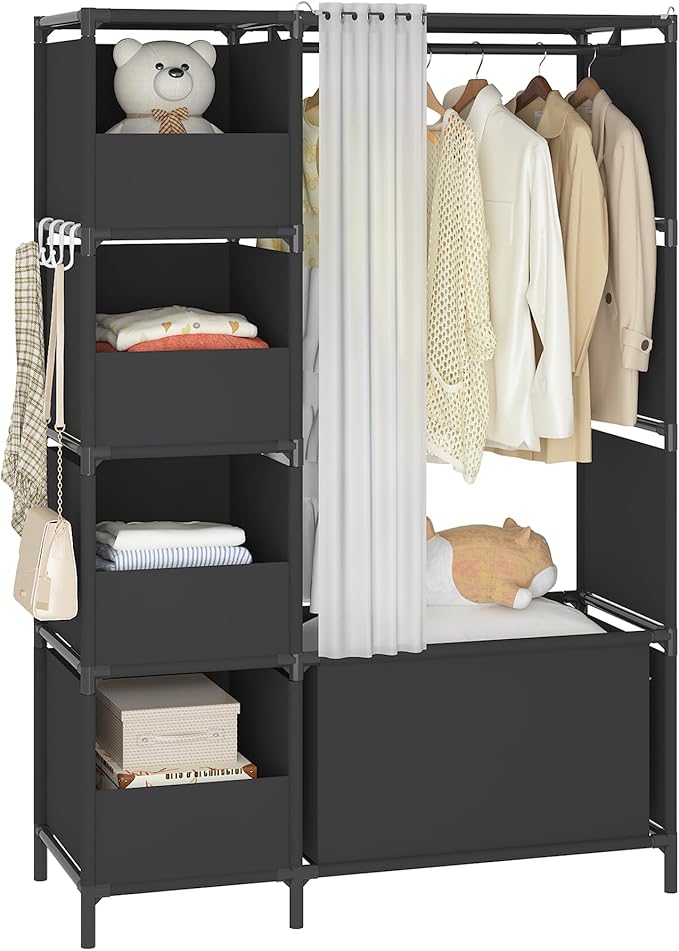 MOYIPIN Portable Closet，Free Standing Wardrobe Closet with Hanging Rod and Curtain，Clothes Storage Organizer, for Cloakroom, Bedroom，40.55 x 16.73 x 65.35Inches，Black