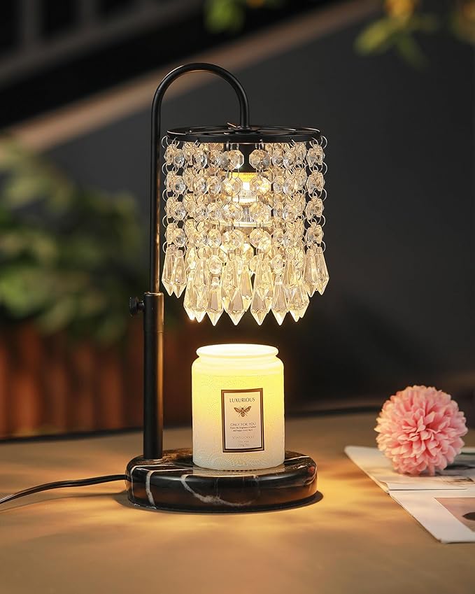 Lamp Candle Warmer with Marble Base for Adjustable Height, Dimmer and 3 Bulbs, Crystal Candle Warmer Lamp with Timer for Jar Candles, House Warming Decor Gifts, Black