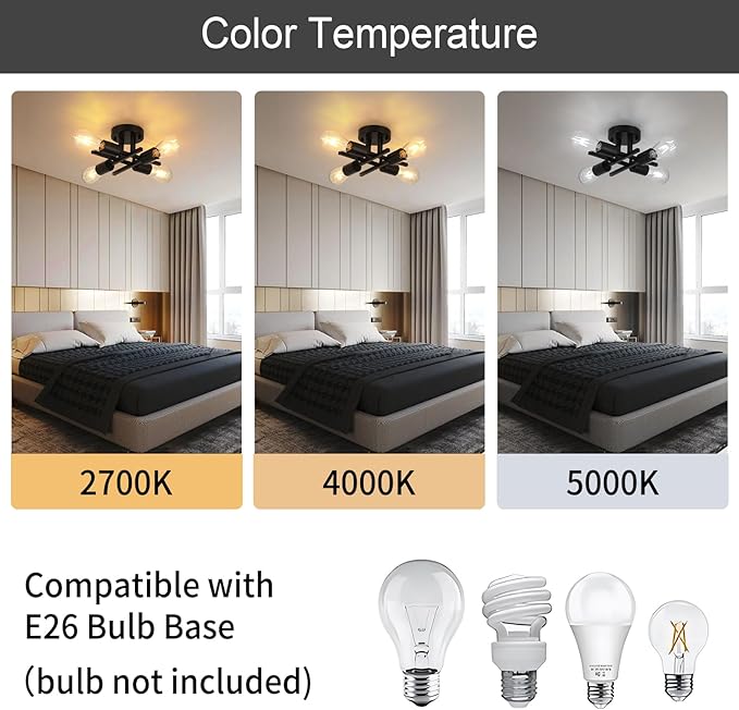 WILON Semi Flush Mount Ceiling Light Fixture, 4-Light Industrial Black Ceiling Light, Modern Sputnik Chandelier Small Ceiling Lamp for Kitchen Bedroom Living Room Dining Bathroom Laundry Hallway