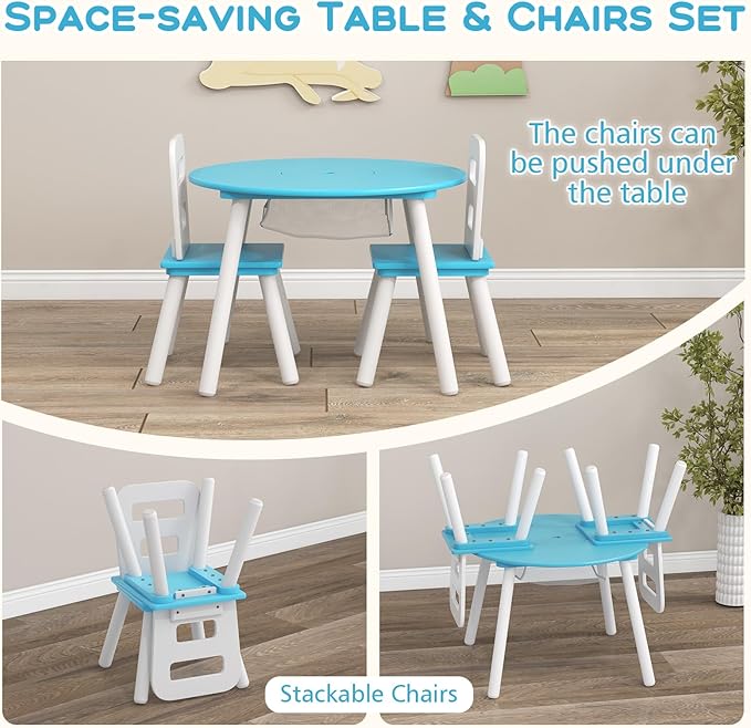 Costzon Kids Table and Chair Set, Wood Activity Table w/Center Mesh Storage, Children Furniture Gift for Boys & Girls, Ideal for Arts, Crafts, Snack Time, Homework, Toddler Table and Chair Set, Blue