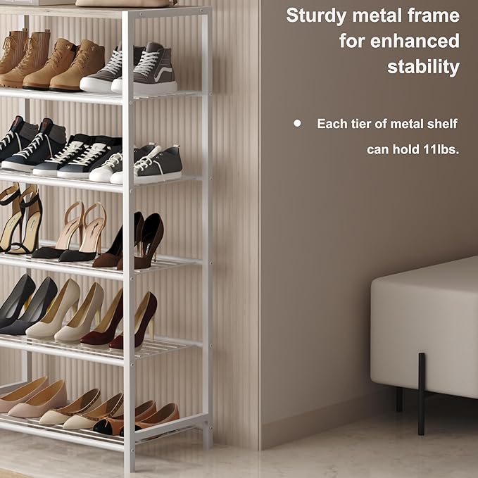 HOMEFORT Shoe Rack 6-Tier, Shoe Storage Shelf, Industrial Shoe Tower, Narrow Shoe Organizer for Closet Entryway, Small Shoe Rack Table with Durable Metal Shelves,White Oak