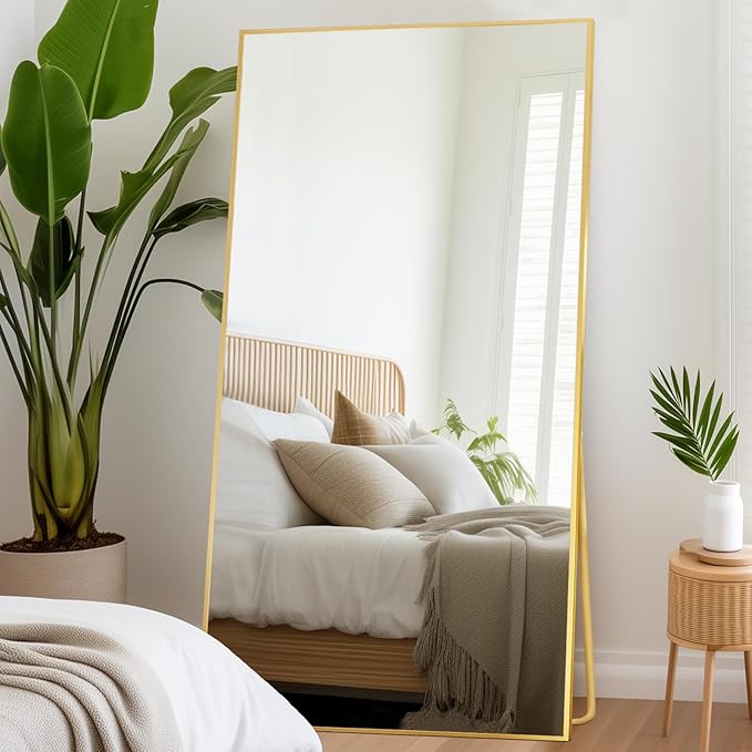 Beauty4U 76" x 34" Large Full Length Mirror with Stand, Gold Wall Mounting Full Body Mirror, Metal Frame Full-Length Mirror for Living Room, Bedroom