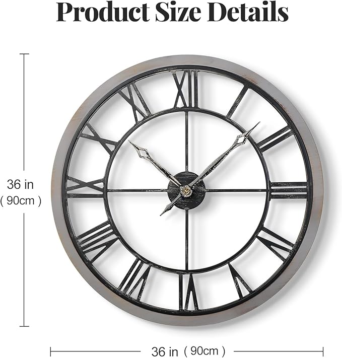 Extra Large Wall Clock 36 Inch, Wood Metal Decorative Wall Clocks for Living Room, Non-Ticking Silent Battery Operated Farmhouse Clock Roman Numerals for Kitchen, Study, Office