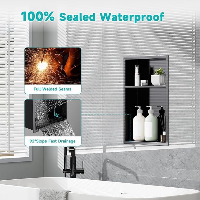 12" x 18" Stainless Steel Shower Niche – Recessed 2-Tier Shower Shelf, 12"x12" Upper & 12"x6" Lower Storage, Modern Bathroom Wall Niche (Black)