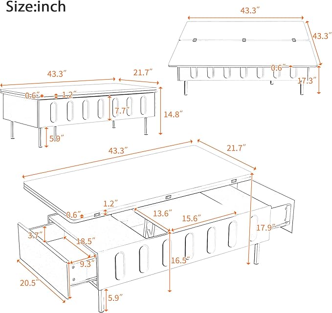 WILLIAMSPACE 43.3" Rectangular Lift-Top Coffee Table with 2 Drawers, Modern Center Table with Foldable Top, Multi-Functional Adjustable Dining Table with Storage Compartment for Living Room, White