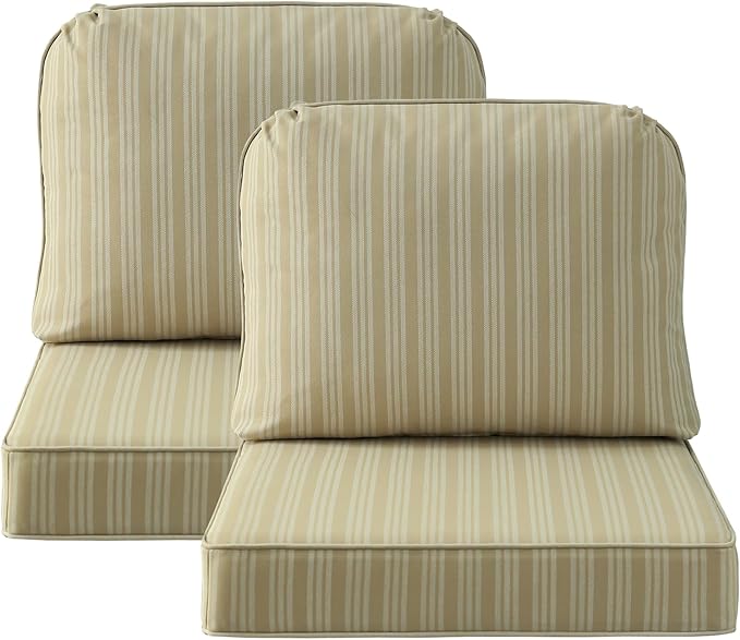 Outdoor Cushions for Patio Furniture Set of 2, 24"x24" Water Repellent Chair Cushions Removable Seat Bottom & Back Cushion Covers for Chair, Sofa, Couch, Beige Brown Stripe