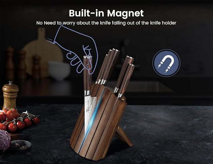 Knife Set 7 Piece Japanese Style Kitchen Knife Set With Foldable Magnetic Acacia Wood Block Sharp High Carbon Stainless Steel Knives Set for Kitchen with Anti-slip Ergonomic Handle