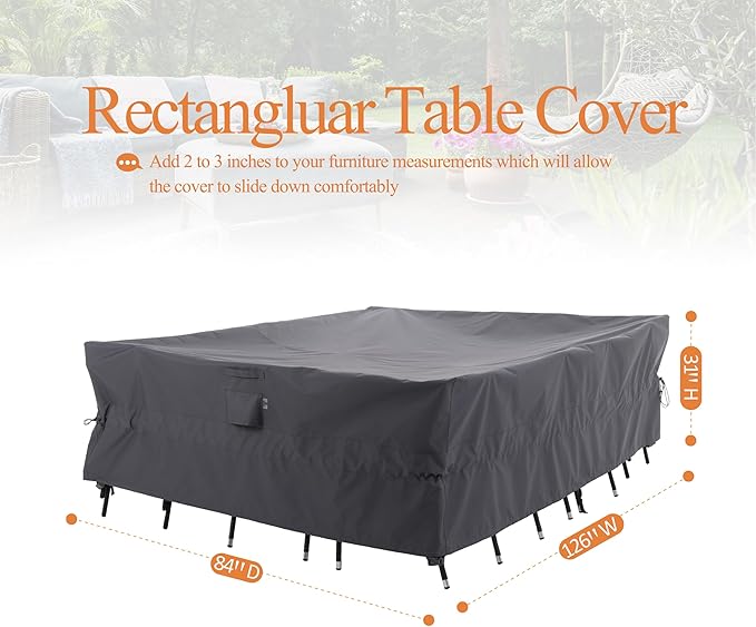 WJ-X3 Large Rectangular Outdoor Sectional Furniture Set Cover Waterproof, Dining Table Cover Wind Resistant, 126W x 84D x 31H in, Grey