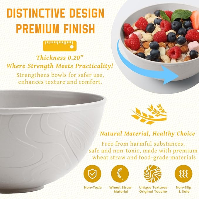 Homienly Wheat Straw Bowls with Unique Texture Design, 40 OZ Salad Bowls for Kitchen, Camping, Unbreakable Microwave and Dishwaher Safe Bowl Set, Stackable Cereal Bowl for Serving, Ramen-White