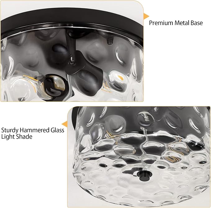 LamQee 9.8" Small Flush Mount Ceiling Light With Clear Hammered Glass, Black Hallway Light Fixtures Ceiling Mount for Bathroom, 2-Lights Farmhouse Close To Ceiling Light Kitchen Foyer Entryway Bedroom
