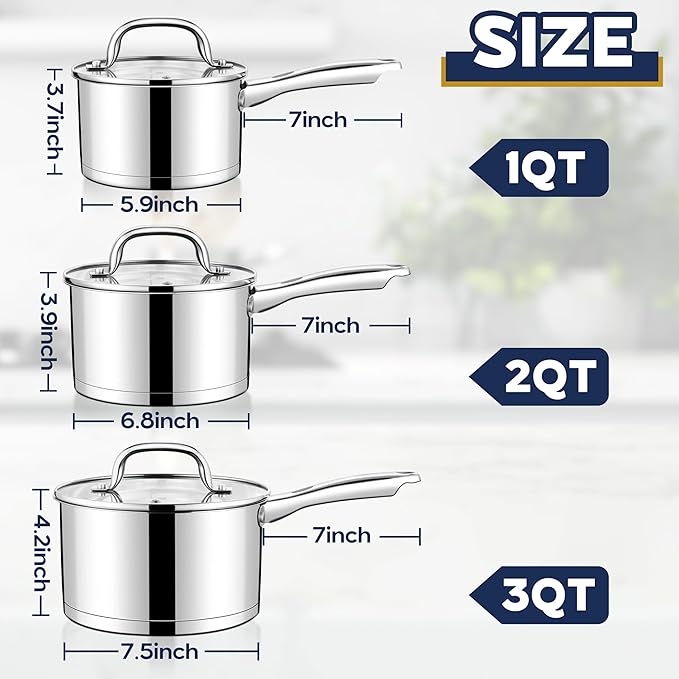 LIANYU Stainless Steel Saucepan with Visible Lid, 1QT & 2QT & 3QT Sauce Pan Sets, Multi-Purpose Small Induction Cooking Pots for Home Kitchen, Healthy & Non-Toxic, Oven & Dishwasher Safe