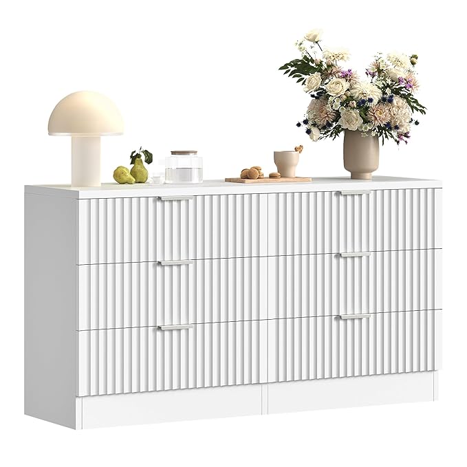 DWVO Fluted 6 Drawer Dressers, 47.5" Wide Modern Chest of Drawers, Wooden Dresser with Metal Handle, Versatile TV Stand Cabinet Table for Bedroom, Closet, Living Room, Hallway, White