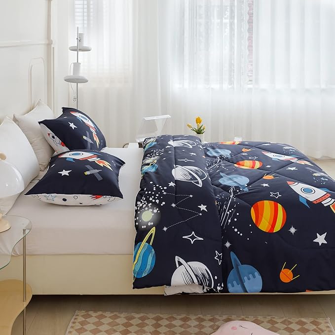 RYNGHIPY Kids Comforter Set Queen Size, Cute Space Rocket Bedding Set for Boys Girls, Teen Boy Bedding (Space Rocket, Queen)