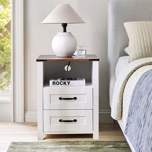 Farmhouse Nightstand with Charging Station & Drawers, White Wood Bedside Table, End Table with 2 Storage Drawers & USB Ports for Bedroom, Dorm, White