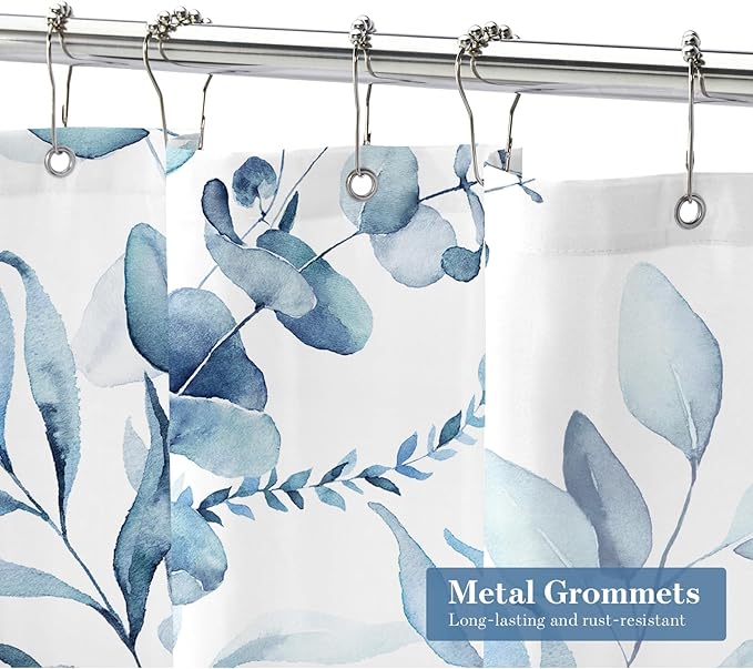 MitoVilla Blue Spring Floral Shower Curtain, Modern Plants Botanical Fabric Cloth Shower Curtains for Chic Elegant Bathroom Decor, Summer Watercolor Eucalyptus Leaf, 72x72