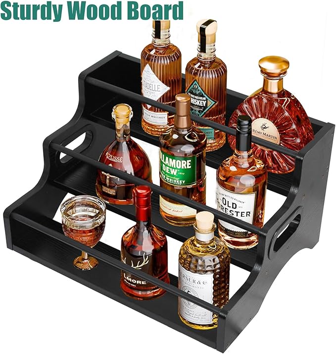 AT-VALY 3-Tier Spice Rack, Iron & MDF Kitchen Storage Shelf, Space-Saving Countertop Organizer for Spices, Herbs, Seasonings, Sturdy Stylish Condiment Holder (Black Grain)