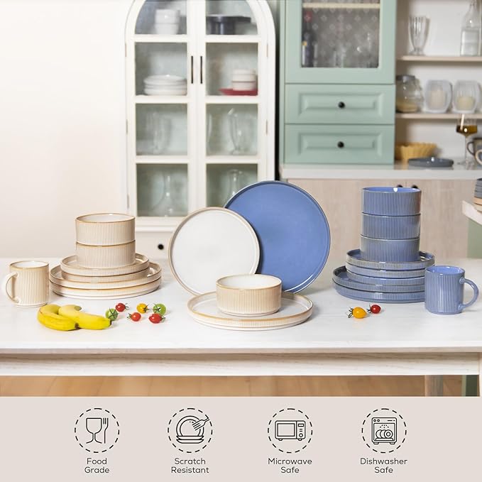 Romswi Dinnerware Set for 4, 16Pcs Stoneware Plates and Bowls Sets with Mugs, Chip & Scratch Resistant Dish Set, Handmade Reactive Glaze Plate Set, Oven,Microwave and Dishwasher Safe, Cappuccino White