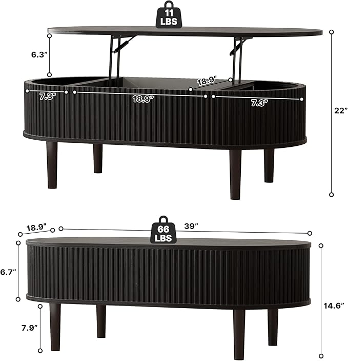EAG Fluted Lift Top Coffee Table with Hidden Compartment, Modern Oval Coffee Table with Storage, Fully Wood Center Table for Living Room, Office, Black