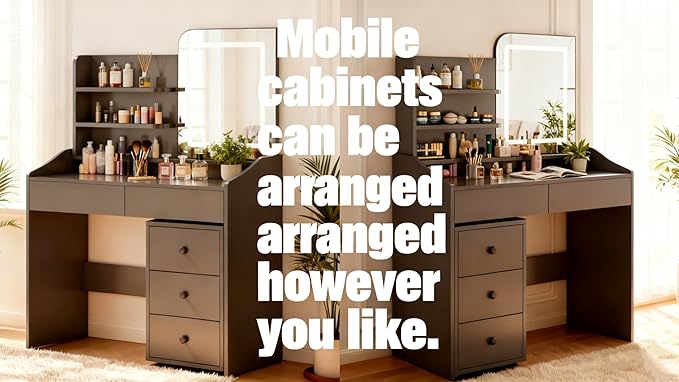 Makeup Vanity Desk with LED Mirror & Movable Storage Cabinet, 3-Tier Open Shelves, 5 Drawers, Adjustable 3-Color Lighting for Bedroom