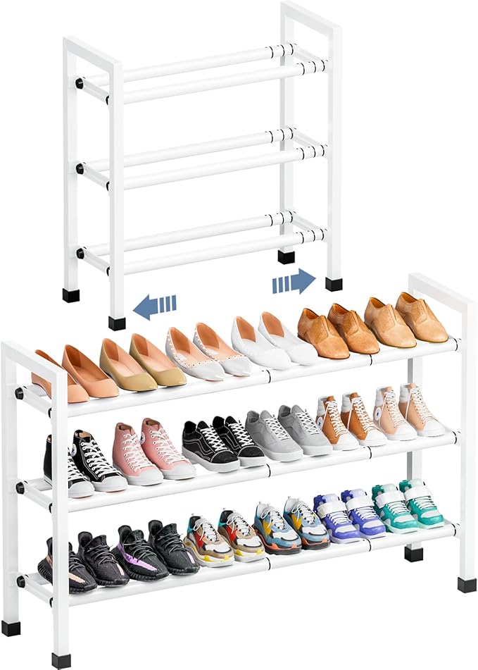 Mavivegue 3-Tier 19"-43.3" Adjustable Shoe Rack for Closet,Expandable Shoe Rack, Hall Entryway,Front Door,Garage, Sturdy Steel Space-Saving Rack, White
