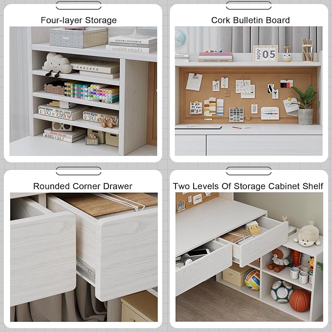 Wooden Kids Desk and Chair Set, 2 Drawers and Remove Storage 4 Cabinets, Children Study Desk with Hutch and Shelves, Boys & Girls Study Desks for Kids Bedroom (White)-Qx0eVu