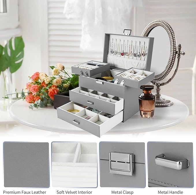 Dajasan Jewelry Holder Organizer Box, Jewelry Boxes for Women Girls, 4 Layers Large Jewelry Storage Box for Earring, Ring, Necklace, Bracelets (Grey)