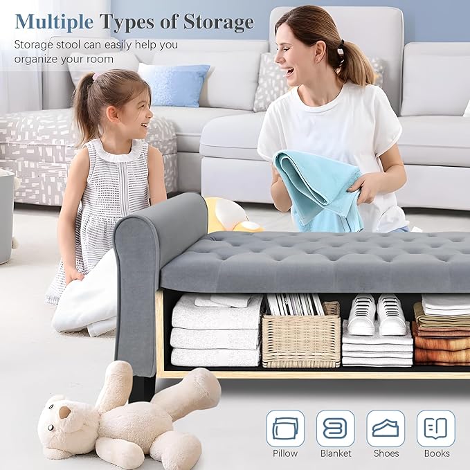 Storage Ottoman Bench with Arms, Velvet End of Bed Bench for Bedroom, Button Tufted Storage Bench for Entryway, Living Room,Hallway, Large Storage Bench Foot Rest (Dark Grey)