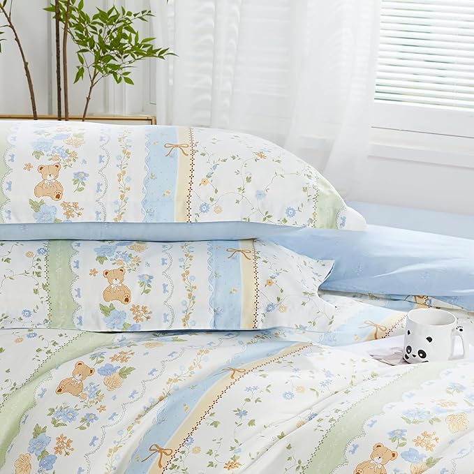 SAPHREAS Duvet Cover Set King Size 3pcs Cute Little Bear Blue Green Floral Bedding Comforter Cover Set 100% Cotton 1 Duvet Cover 104"x90" 2 Pillow Shams, Comforter Not Included